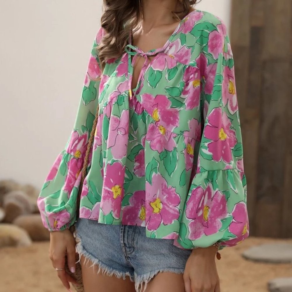 Floral print Blouse Green Pink - Picture 3 of 6